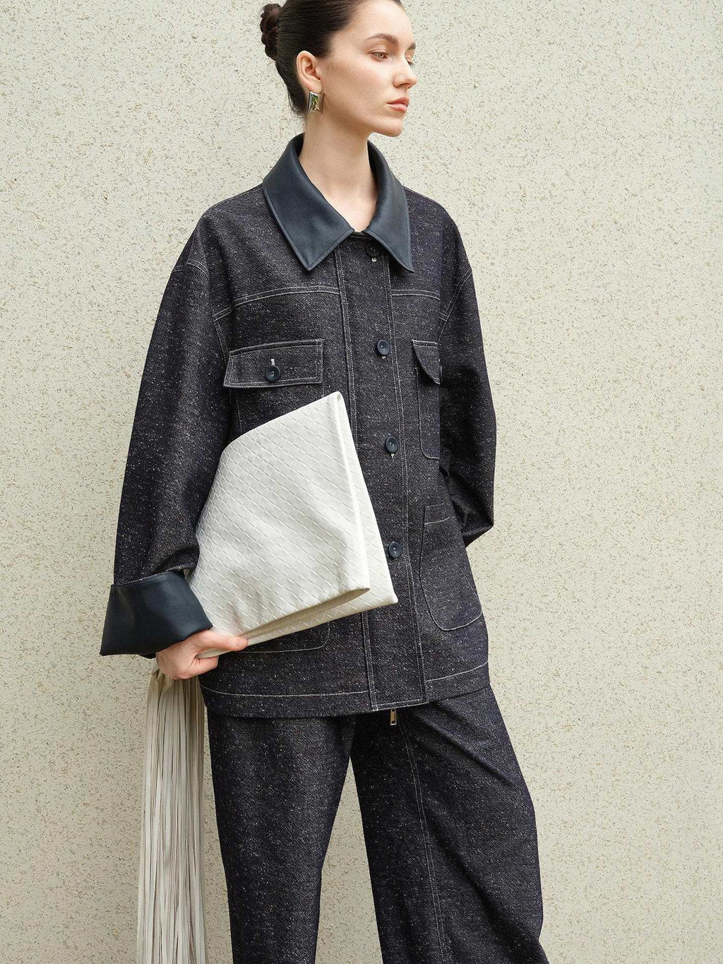 audreyyang Original Design Loose Patchwork Topstitch Cotton Blend Women Denim Jackets