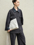 audreyyang Original Design Loose Patchwork Topstitch Cotton Blend Women Denim Jackets
