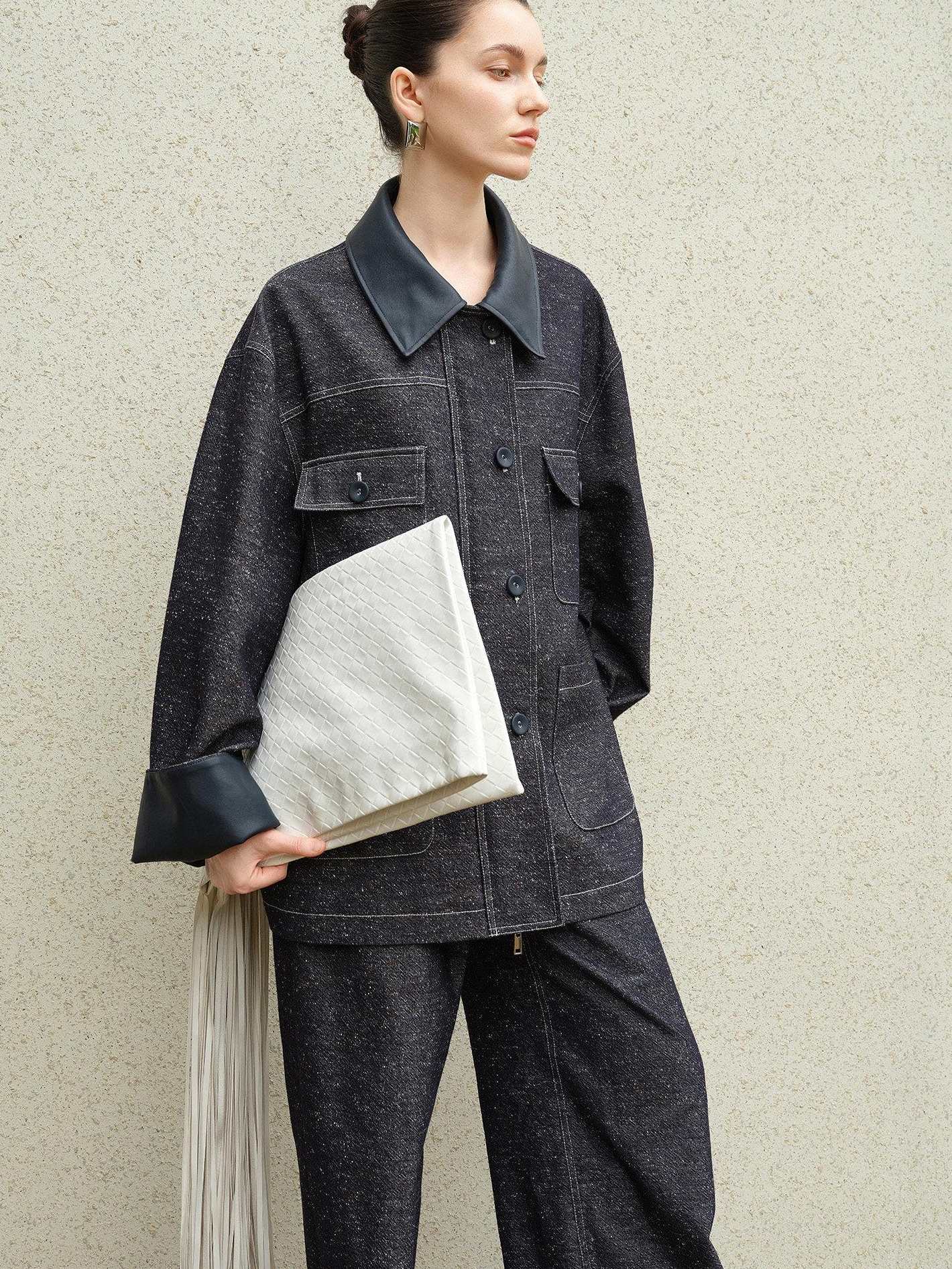 audreyyang Original Design Loose Patchwork Topstitch Cotton Blend Women Denim Jackets