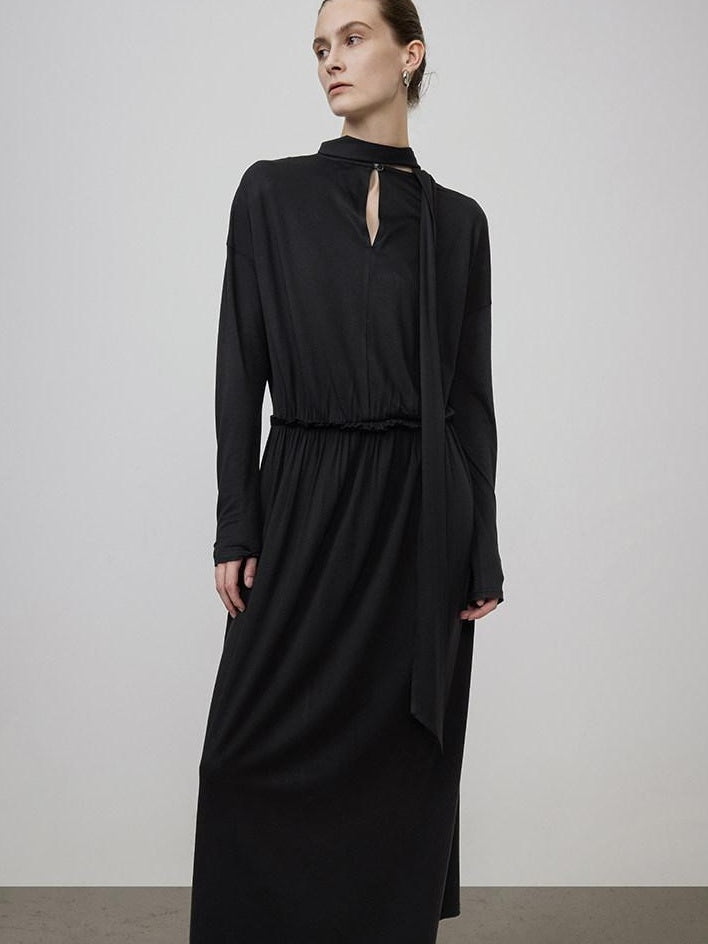 unspoken Minimal Office Pleated Round Neck Elastic Waist Long Sleeve Black Maxi Dresses