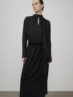 unspoken Minimal Office Pleated Round Neck Elastic Waist Long Sleeve Black Maxi Dresses