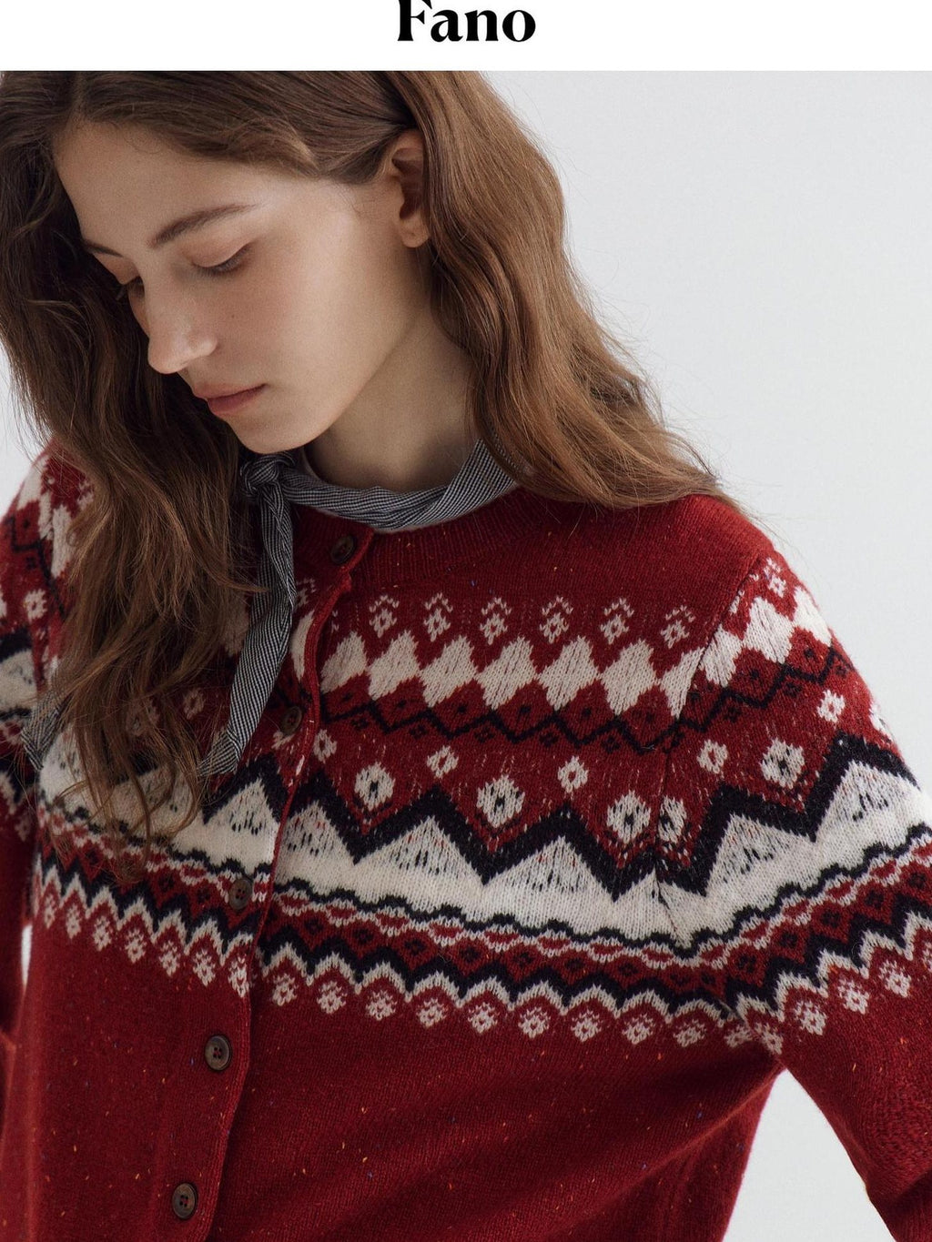 fano Warm Sheep Wool Jacquard Loose Korean Commuter Crewneck Red Women Cardigans