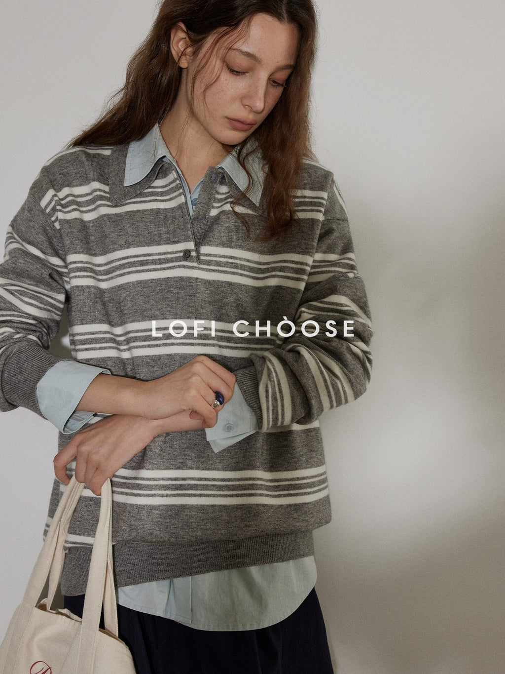 Lofi choose Soft Acrylic Blend Loose Fit Striped Polo Collar Office Women Knit Sweaters