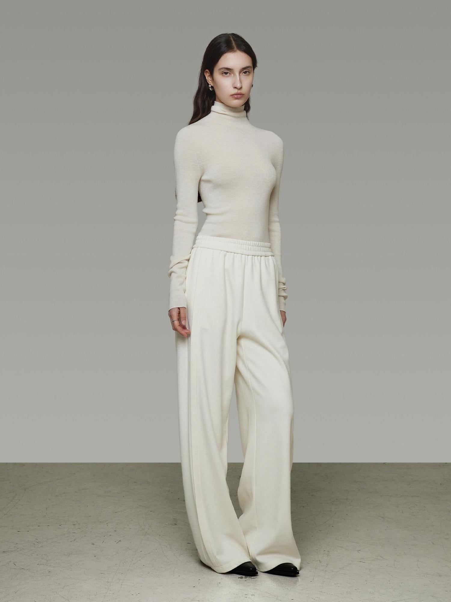 unspoken Comfort Elastic Natural Waist Minimal Solid White Polyester Blend Wide Leg Pants