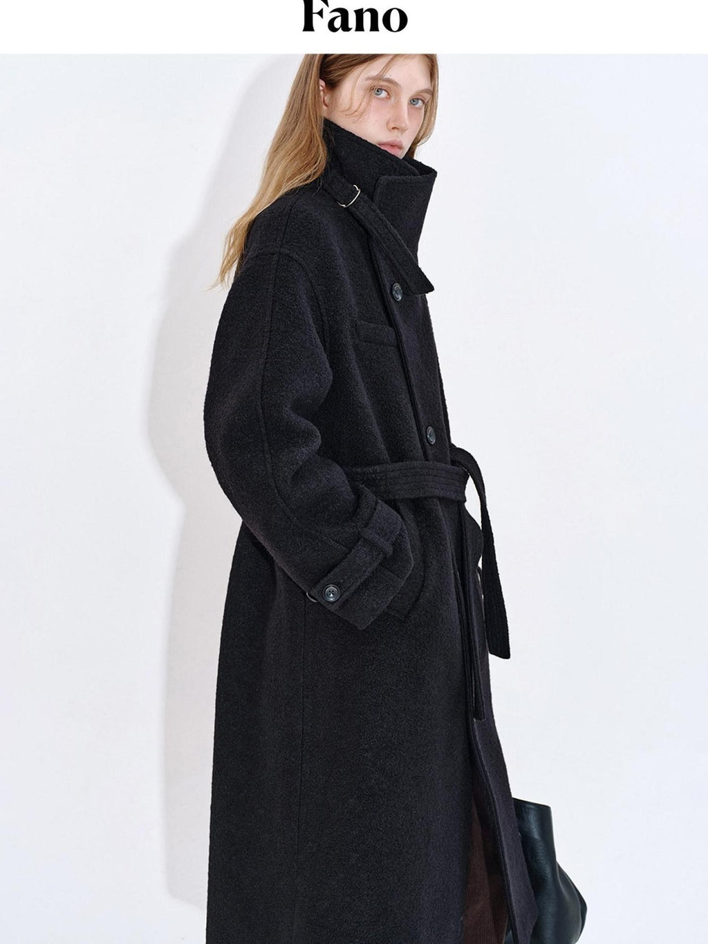 fano Premium Wool Blend Long Notch Collar Relaxed Black Korean Women Wool Coats