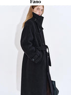 fano Premium Wool Blend Long Notch Collar Relaxed Black Korean Women Wool Coats