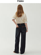 fano Washed Minimal Loose Natural Waist Raw Denim Youth Nonstretch Straight Leg Jeans