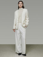 unspoken Soft Ivory Wool Blend Tailored Slim V-neck Long Sleeve Commuter Cardigans