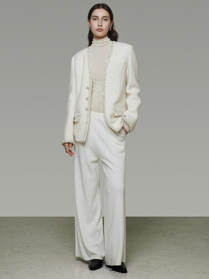 unspoken Soft Ivory Wool Blend Tailored Slim V-neck Long Sleeve Commuter Cardigans