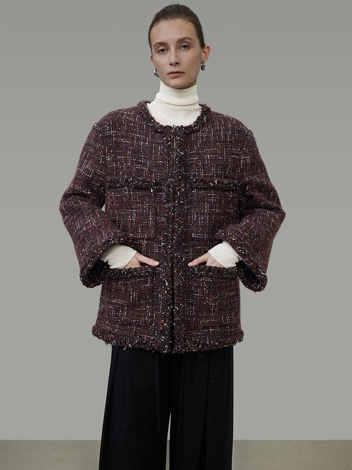 unspoken Warm Wool Blend Button Front Round Neck Relaxed Fit Office Women Short Coat