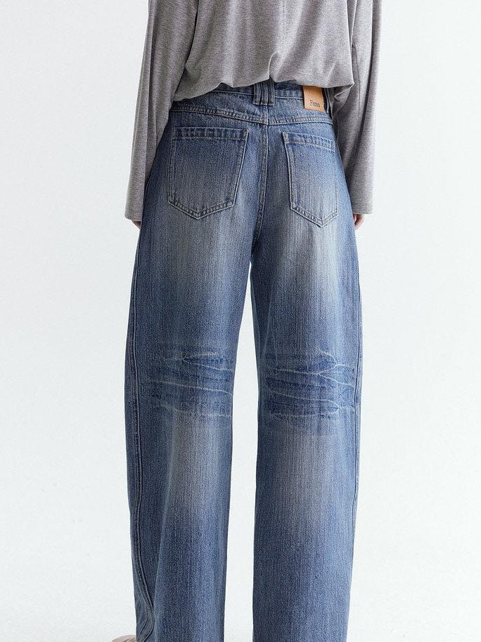 fano Breathable Cotton Natural Waist Relaxed Pocketed Casual Blue Straight Leg Jeans
