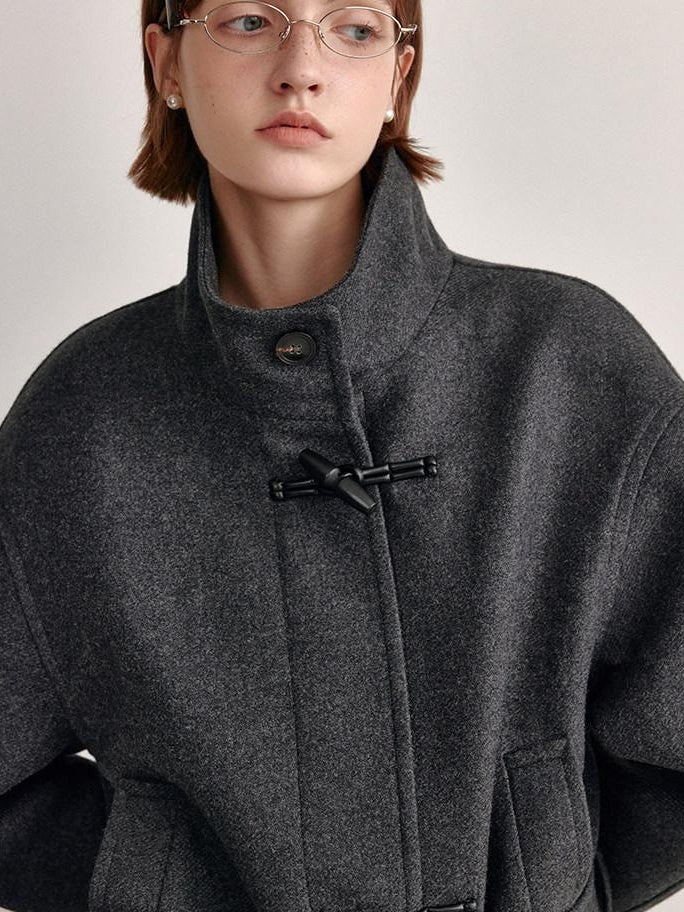 fano Minimal Commuter Straight Midlength Stand Collar Pocket Toggle Women Short Coat