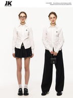 ikyou Embroidered Pleat Slim Fit Office Cotton Blend Collared Long Sleeve Blouses