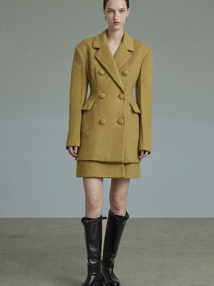 unspoken Soft Wool Double Breasted Tailored Straight Fit Mustard Yellow Blazers