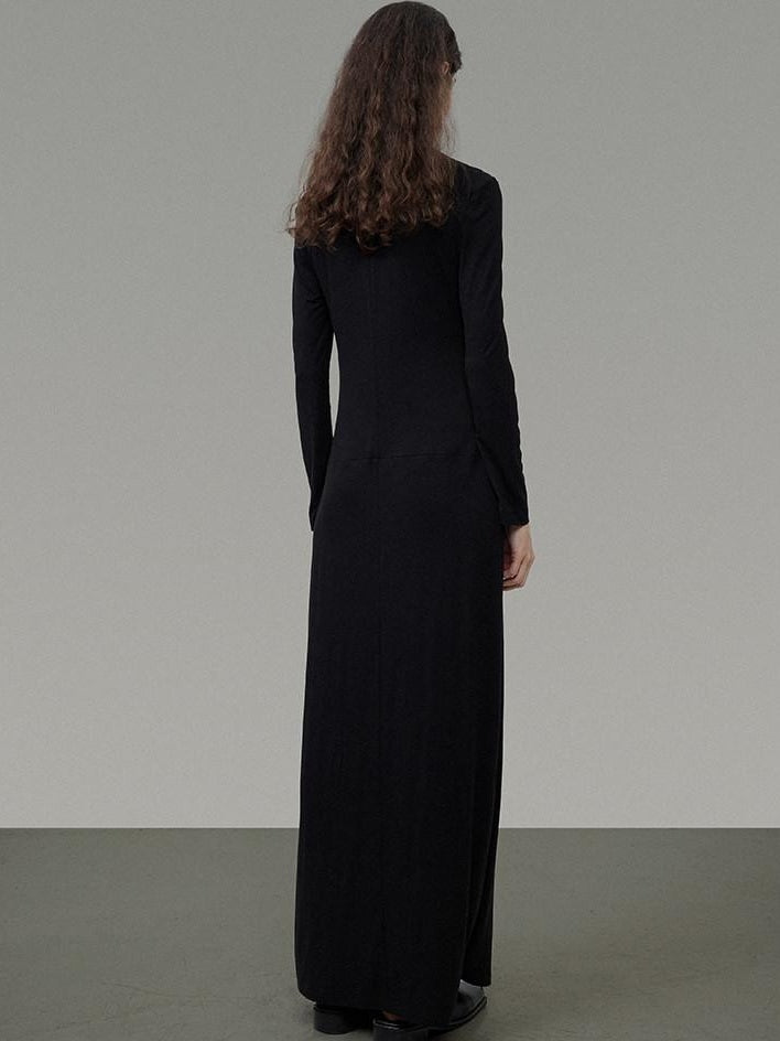 unspoken Waist Cinch Commuter Long Sleeve Drop Neck Black Womens Hline Maxi Dresses