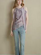 someonesometimes Asymmetrical Fringe Slim Fit Strap Solid Silver Purple Long Sleeve Crop Tops