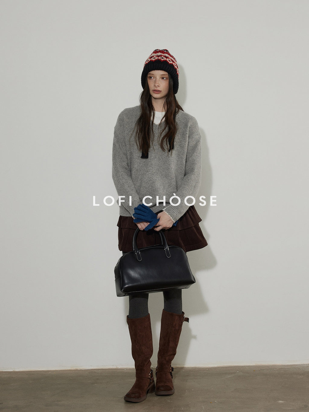 Lofi choose Soft Acrylic V-neck Loose Fit Office Knit Pullover Grey Brown Sweaters