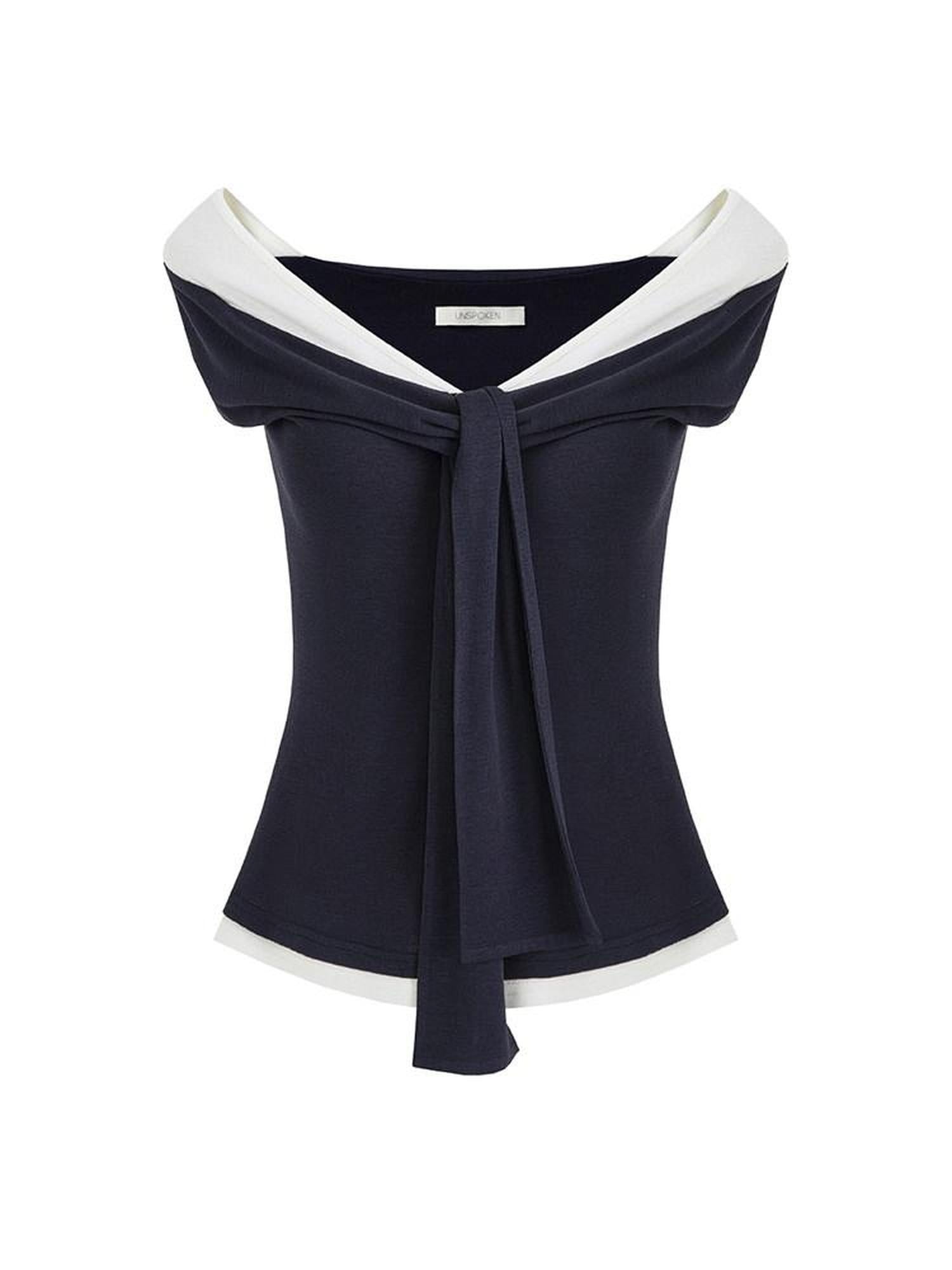 unspoken Slim Knit Tie Detail Office Long Sleeve Asym Navy White Off Shoulder Crop Tops