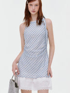 fano Soft Cotton Blend Halter Plaid Korean Office Hline Square Neck Midi Dresses