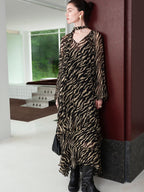 audreyyang Soft Viscose Ruffle Casual A Line Zebra V-neck Long Sleeve Maxi Dresses