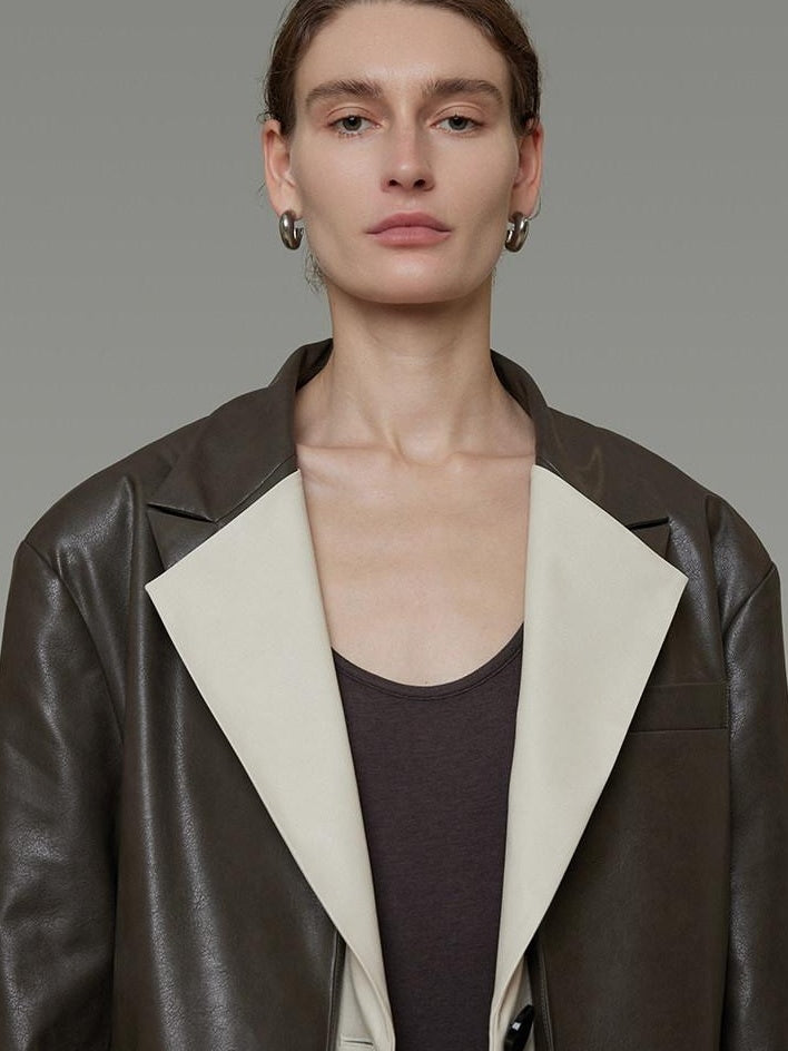unspoken Soft Viscose Blazer Collar Relaxed Fit Commuter Women Brown Leather Jackets