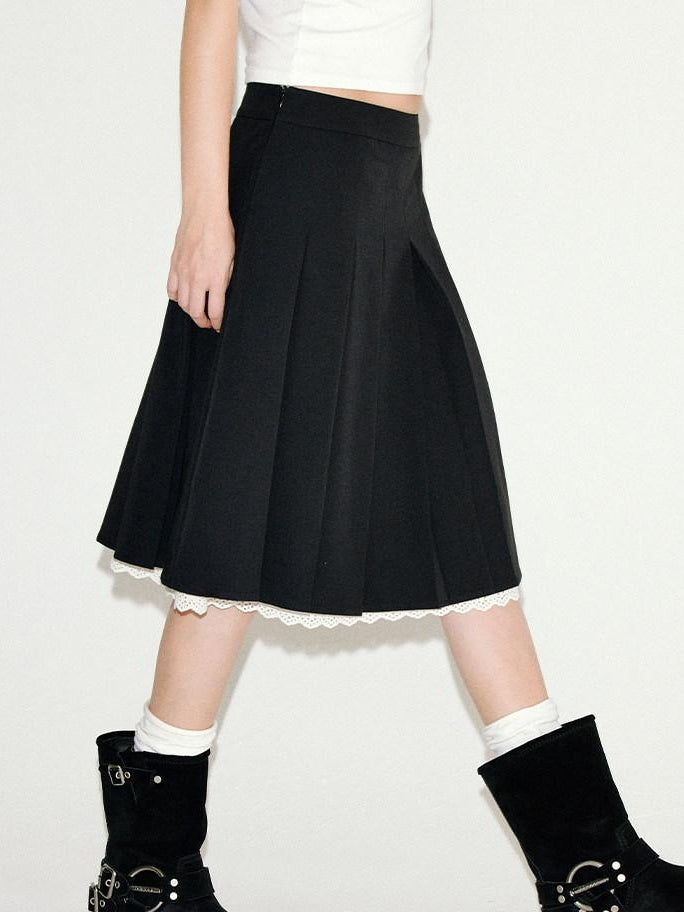 fano Sweet Lace Pleated Mid Waist Paneled Casual Women Black Midi Skirts