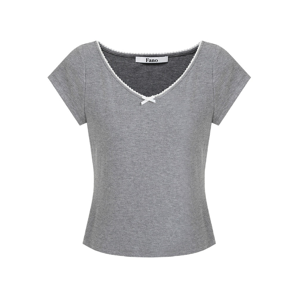 fano_Soft_V-neck_Stretch_Slim_Fit_Korean_Office_Short_Sleeve_Grey_Basic_Crop_Tops_MISSTT