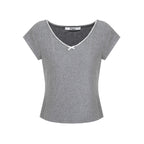 fano_Soft_V-neck_Stretch_Slim_Fit_Korean_Office_Short_Sleeve_Grey_Basic_Crop_Tops_MISSTT