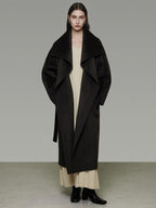 unspoken Pure Sheepswool Long Belted Lapel Loose Tailored Office Coffee Brown Wool Coats