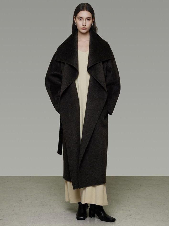 unspoken Pure Sheepswool Long Belted Lapel Loose Tailored Office Coffee Brown Wool Coats