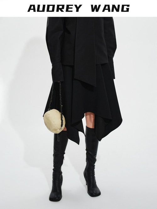 audreyyang Elegant Asymmetric Irregular Hem Mid Waist Front Zipper Black Midi Skirts