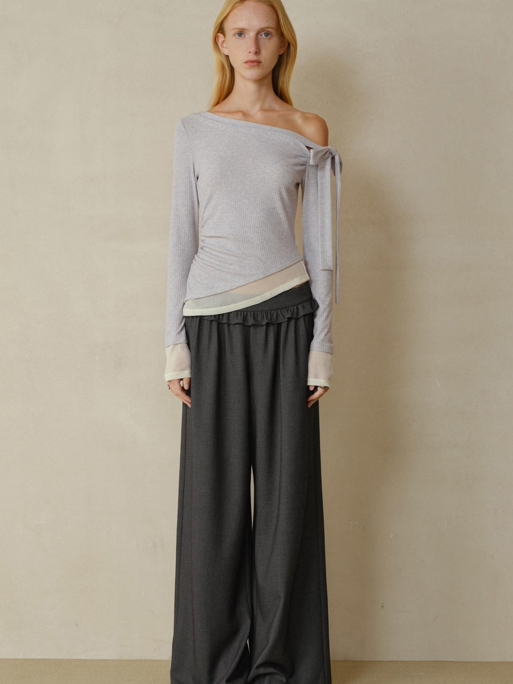 someonesometimes Soft Stretch Casual Ruffle Hem Women Heather Grey Viscose Blend Wide Leg Pants