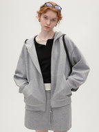 fano Hooded Zip Cotton Blend Loose Fit Minimalist Commuter Gray Top & Skirt Sets