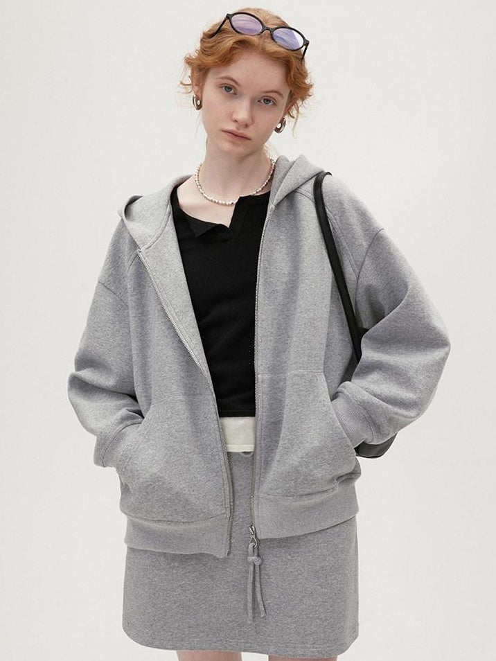 fano Hooded Zip Cotton Blend Loose Fit Minimalist Commuter Gray Top & Skirt Sets