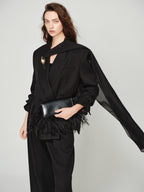 audreyyang Elegant Loose Fit Sash Double Breasted Notch Lapel Black Polyester Blazers