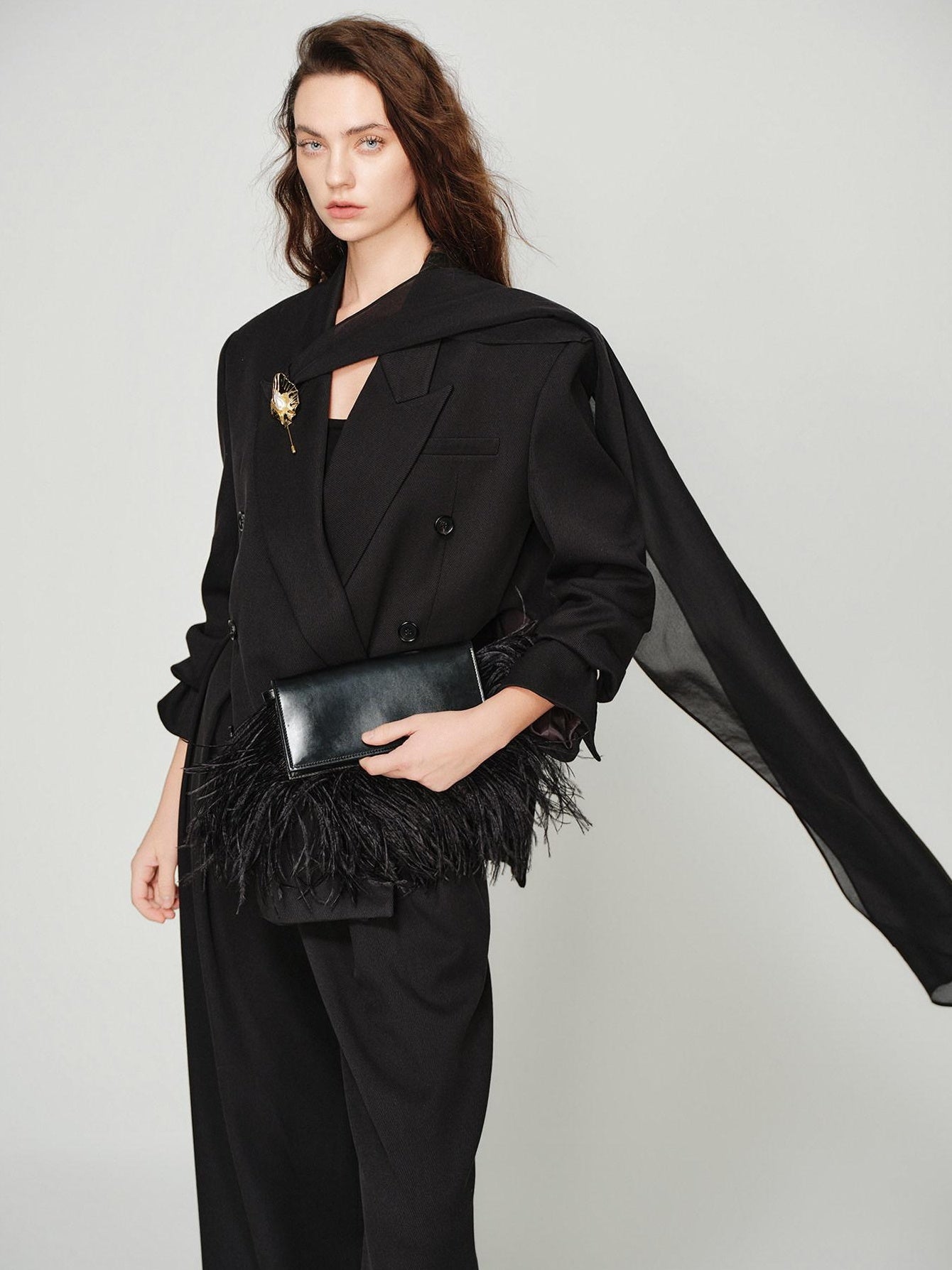 audreyyang Elegant Loose Fit Sash Double Breasted Notch Lapel Black Polyester Blazers