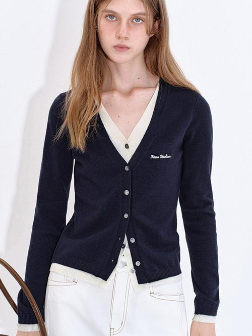 fano Embroidered Letter Slim V-neck Button For Teen Girls Navy Knit Cardigans