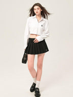 ikyou Embroidered Square Neck Long Sleeve Straight Minimal Poly Cotton Basic Crop Tops