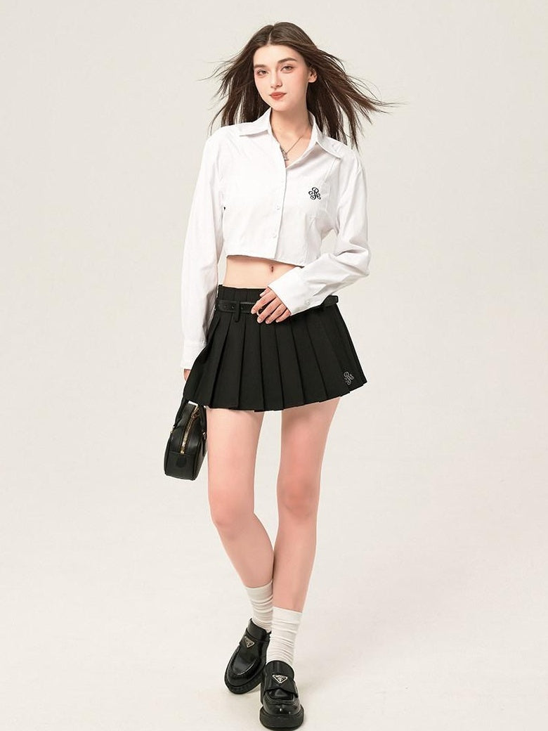 ikyou Embroidered Square Neck Long Sleeve Straight Minimal Poly Cotton Basic Crop Tops