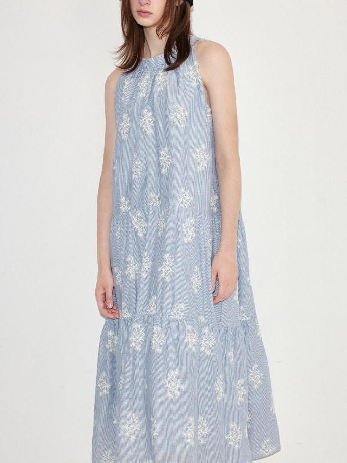 fano 100 Percent Cotton Sleeveless A Line Korean Commuter Women Blue Maxi Dresses