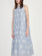 fano 100 Percent Cotton Sleeveless A Line Korean Commuter Women Blue Maxi Dresses