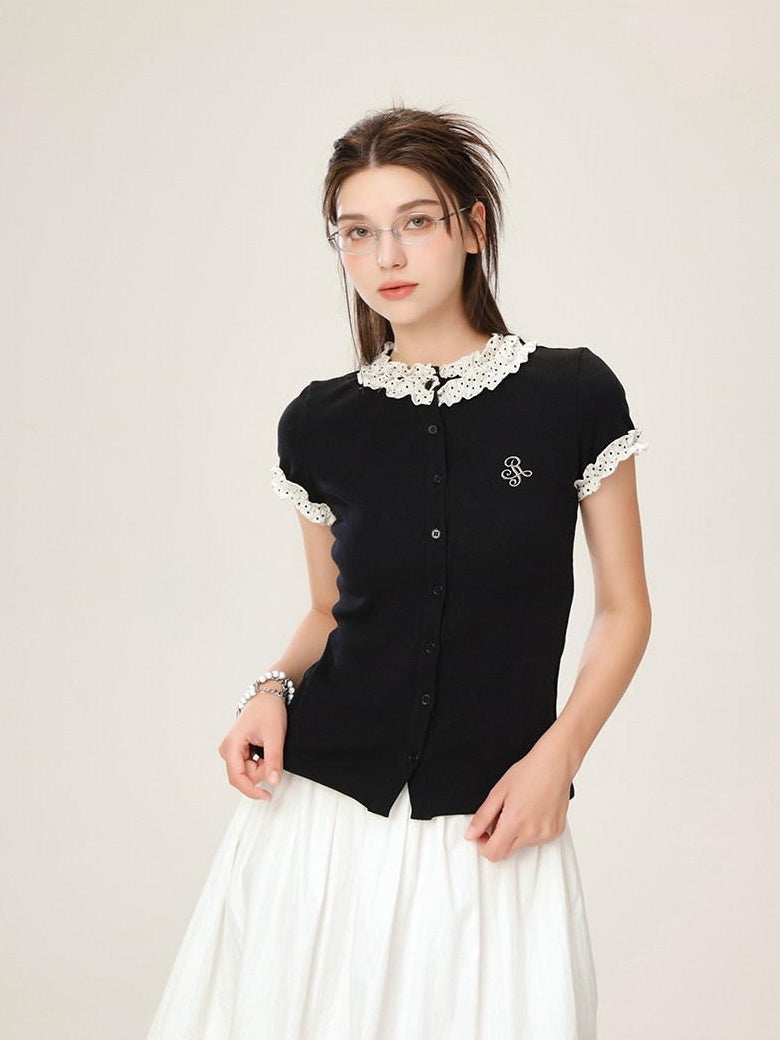 ikyou Cotton Stretch Slim Polka Dot Ruffle Women Short Sleeve Buttoned Knit Cardigans