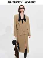 audreyyang Khaki Contrast Lapel Blazer Slit Loose Fit Long Sleeve Women Top & Skirt Sets