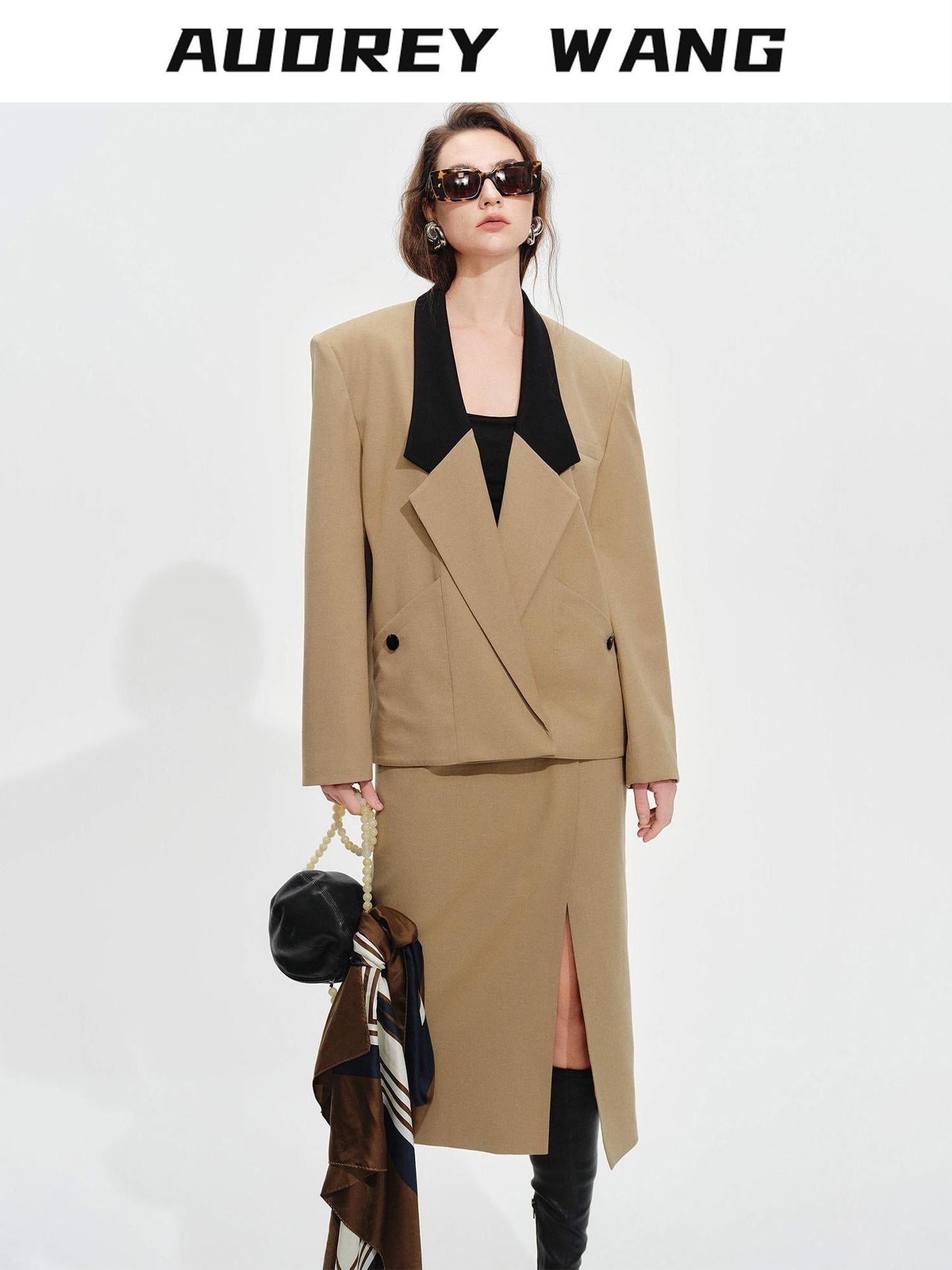 audreyyang Khaki Contrast Lapel Blazer Slit Loose Fit Long Sleeve Women Top & Skirt Sets