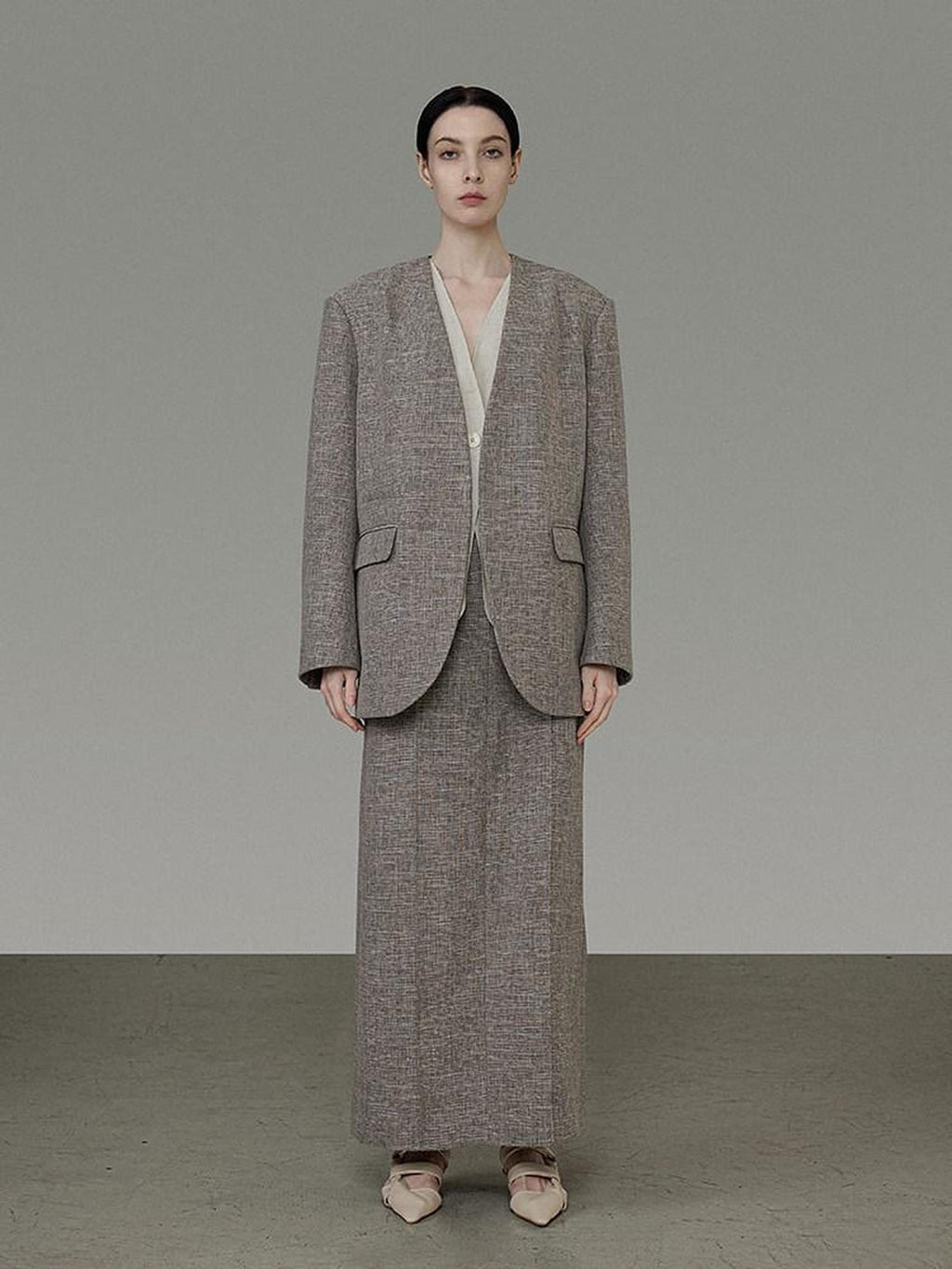 unspoken Minimalist Heather Gray Loose Fit Longsleeve Office Polyester Top & Skirt Sets