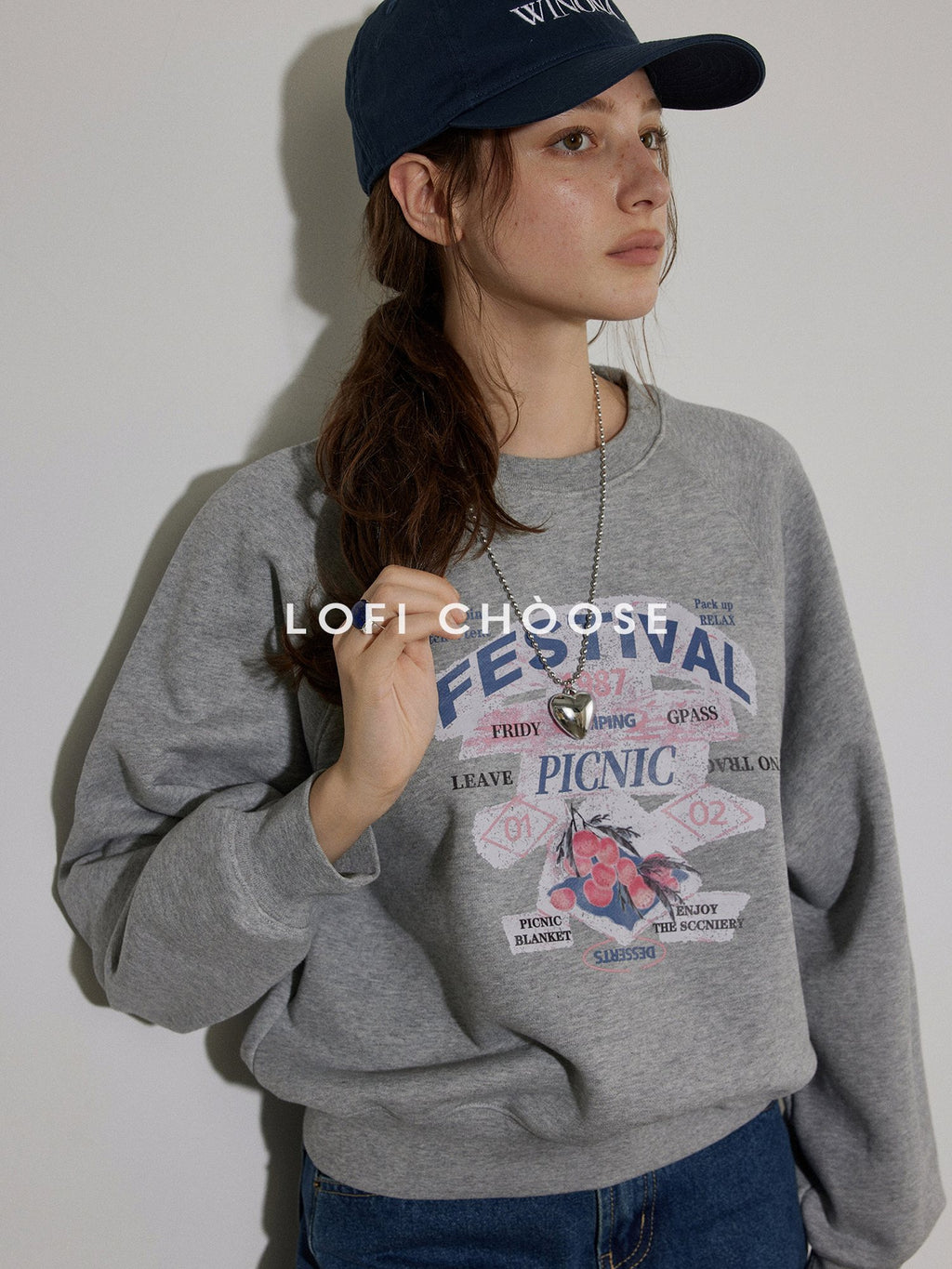 Lofi choose 100% Cotton Loose Fit Crewneck Pullover Commuter Women Blue Gray Sweatshirt
