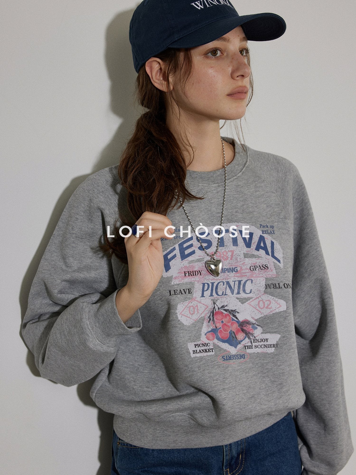 Lofi choose 100% Cotton Loose Fit Crewneck Pullover Commuter Women Blue Gray Sweatshirt