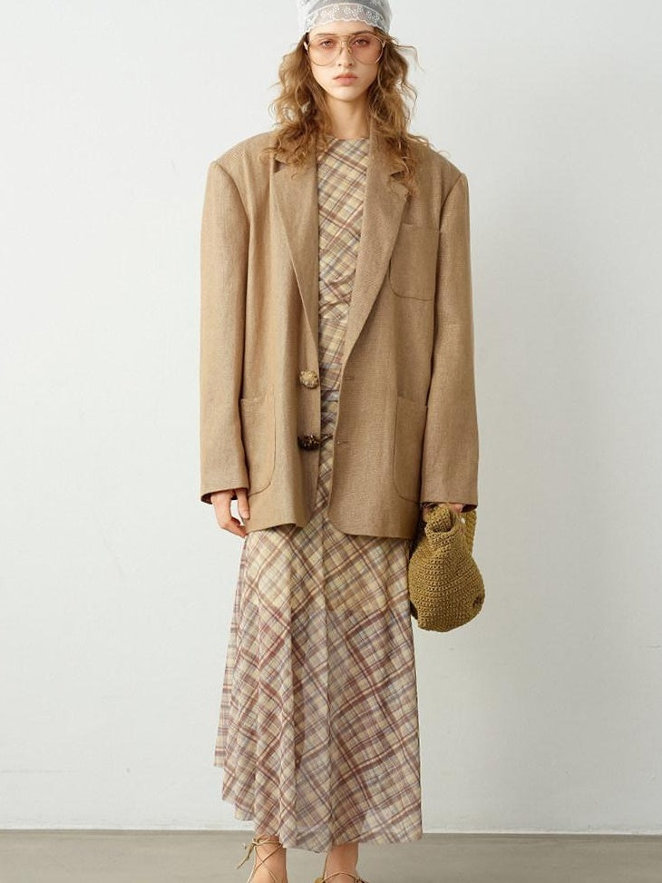 audreyyang Breathable Pure Linen Dot Loose Fit Notched Lapel Women Workwear Gold Blazers