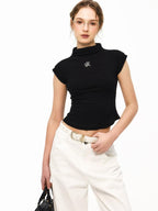 ikyou Cooling Wrinkle Free Slim Crop Half High Neck Solid Short Sleeve T-Shirts