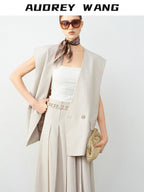 audreyyang Soft Polyester Cotton Blend U Neck Single Button Office Chic Women Vests